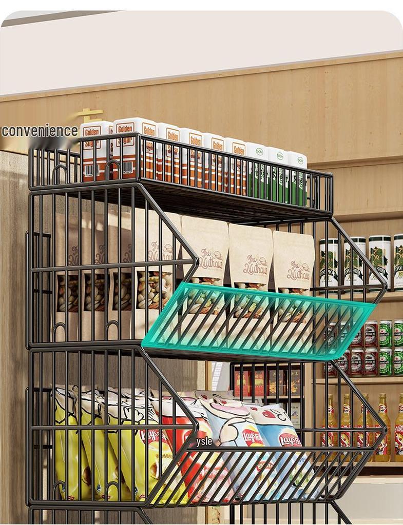 Multi-Layer Snack Display Rack with Wheels for Supermarket or Convenience Store