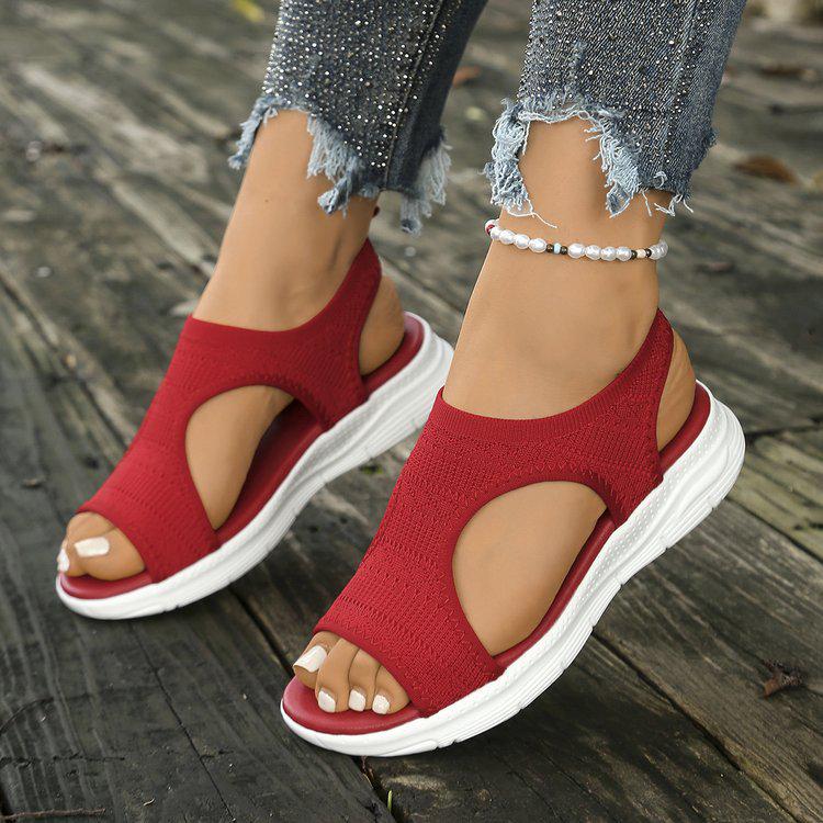 Women's Plus Size Breathable Knit Flat Sandals - European & American Casual Thick-Soled Beach Sandals