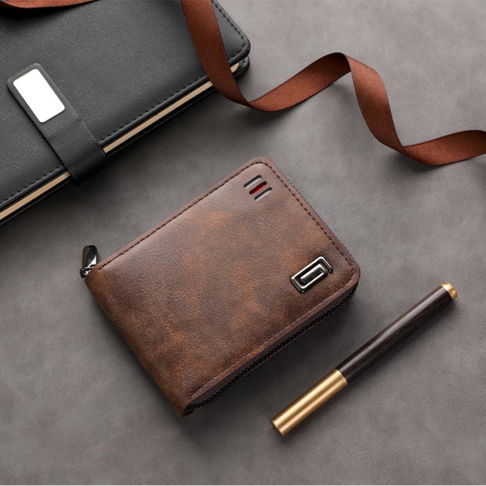 New PU Leather Short Wallet Zipper Large-capacity Coin Purse Solid Color Money Bag Man