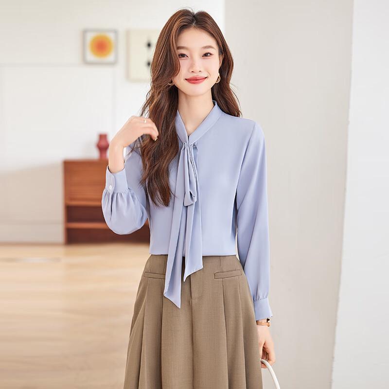 Women's French Style Bow Tie Satin Long Sleeve Blouse