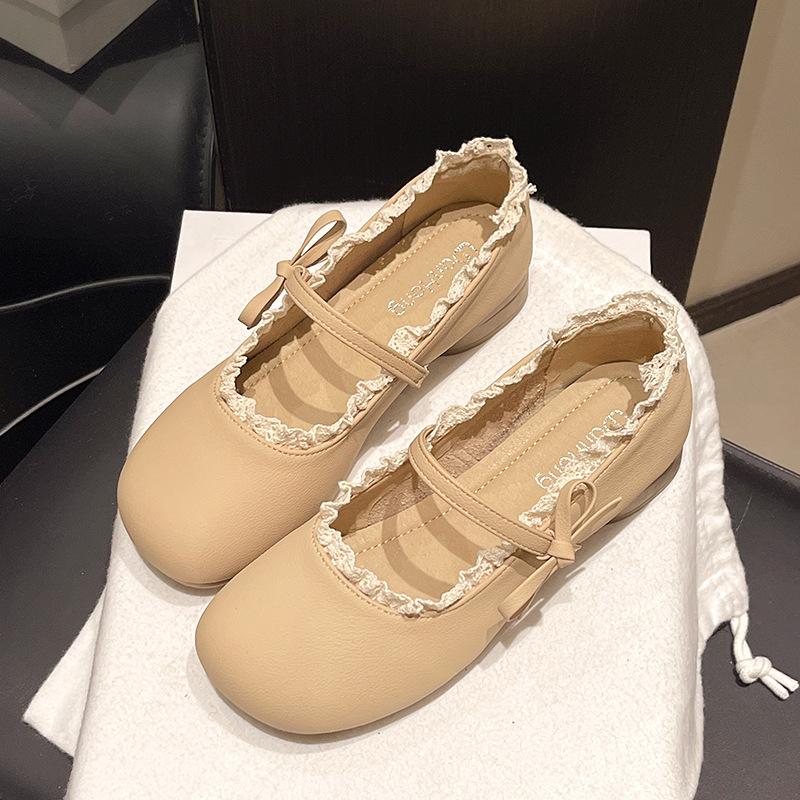 

Французские туфли Мэри Джейн на низком каблуке женские 2025 новая весна и лето с юбкой вечерние туфли с мелким вырезом Лолита маленькие кожаные туфли 40 абрикосовый