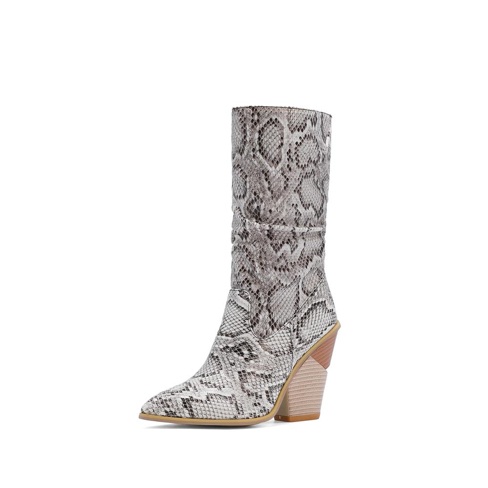 Fashion 2025 White Black Brown Faux Leather Cowboy Ankle Boots for Women Wedge High Heel Boots Chunky Snake Print Western Cowgirl Boots