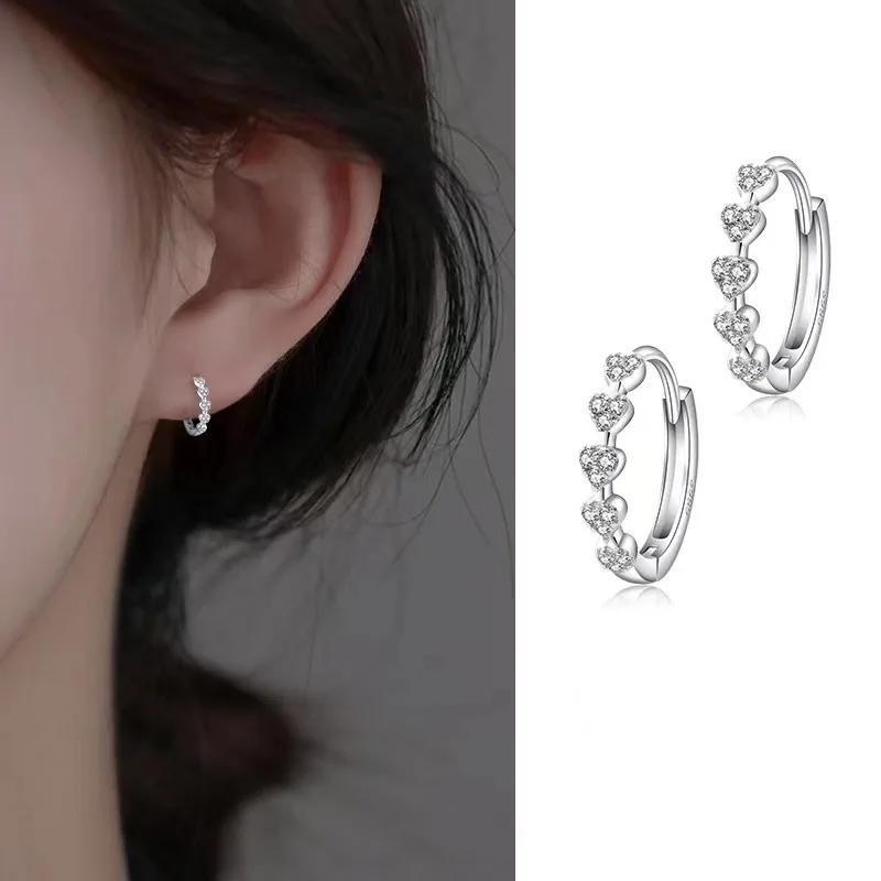 Simple Heart Hoop Earrings for Women Girls Temperament Wedding Silver Color Earrings Shiny Zircon Jewelry Accessories