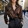 Women Shirt Lapel Long Sleeve Single Breasted Shirt Tops Smooth Fabric Satin Office Lady Shirt Versatile Autumn Wear
