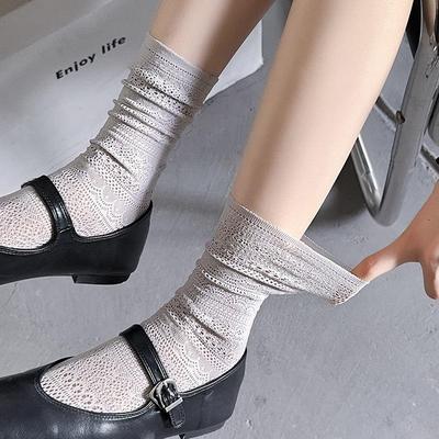 Female Spring and Summer Pure Color Lace Hollow Mesh Breathable Sweet All Build In Tube Socks