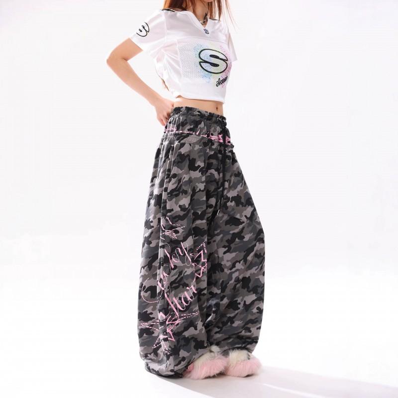 Womens Camo Wide Leg Sweatpants Retro Street Style Loose Fit Hip Hop Pants