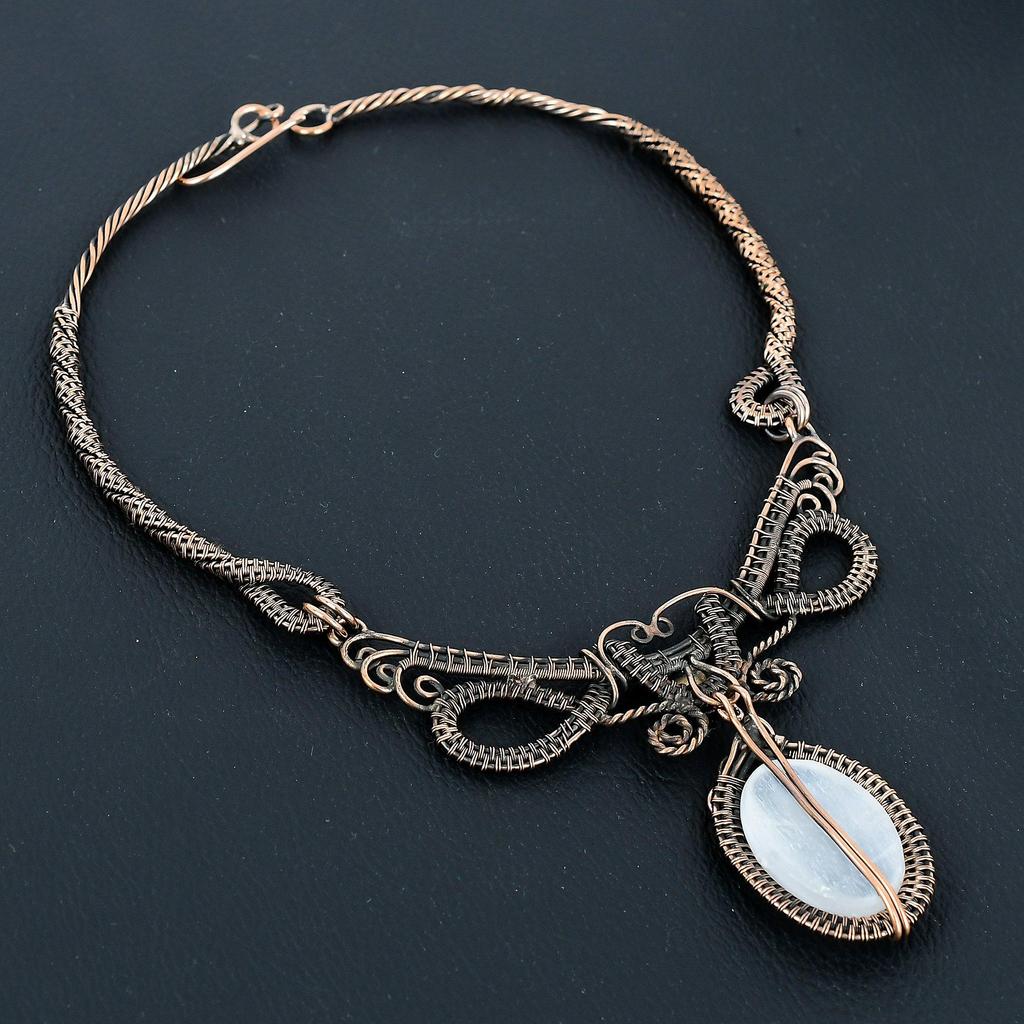 Selenite Druzy 999 Copper Wire Wrapped Necklace with Adjustable Chain, Handmade Gemstone Jewelry Necklace For Memorial Day