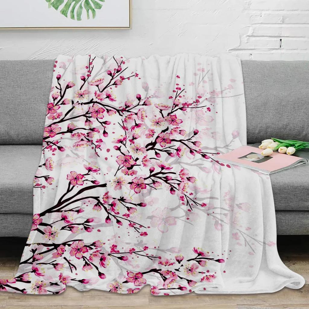 Cherry Blossom Plum Branch Pink Flower White Throw Blanket Warm Microfiber Flannel Blanket Bedroom Decor Blankets For Beds#