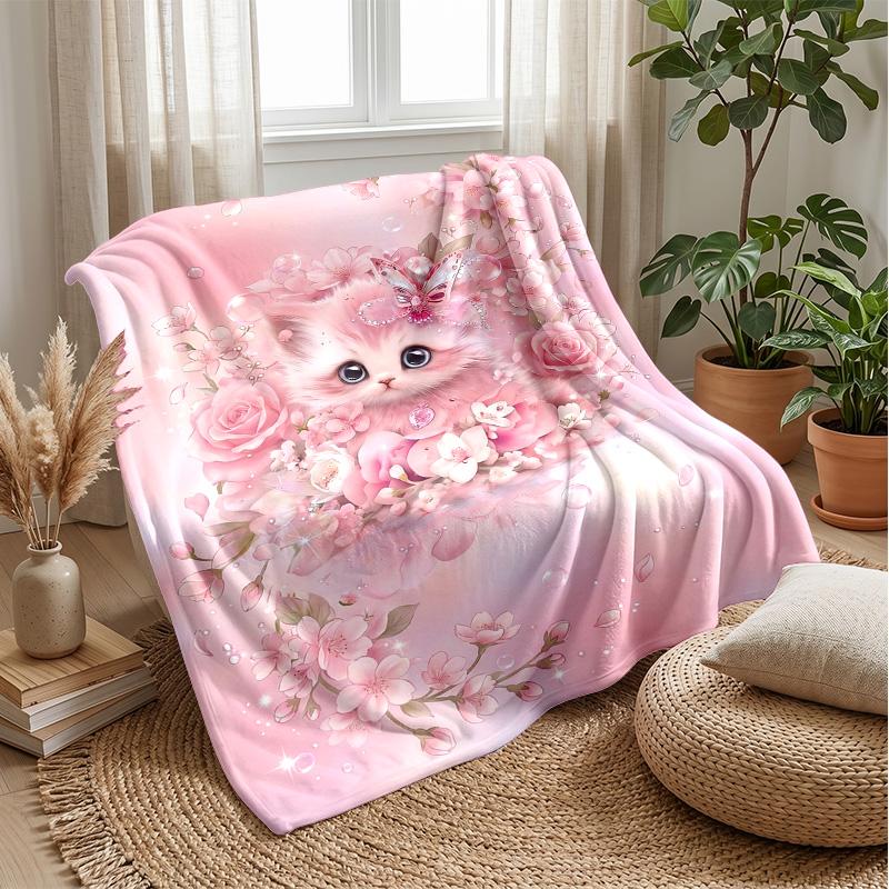 Orange Cat Family Theme Blanket Lightweight Warm Flannel Blanket Decorative Throw Blanket for Home Decoration