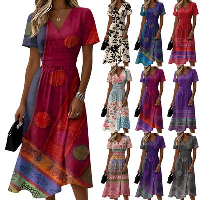 Damen-Kleid mit Blumenmuster, lässig und modisch, kurzärmelig, V-Ausschnitt