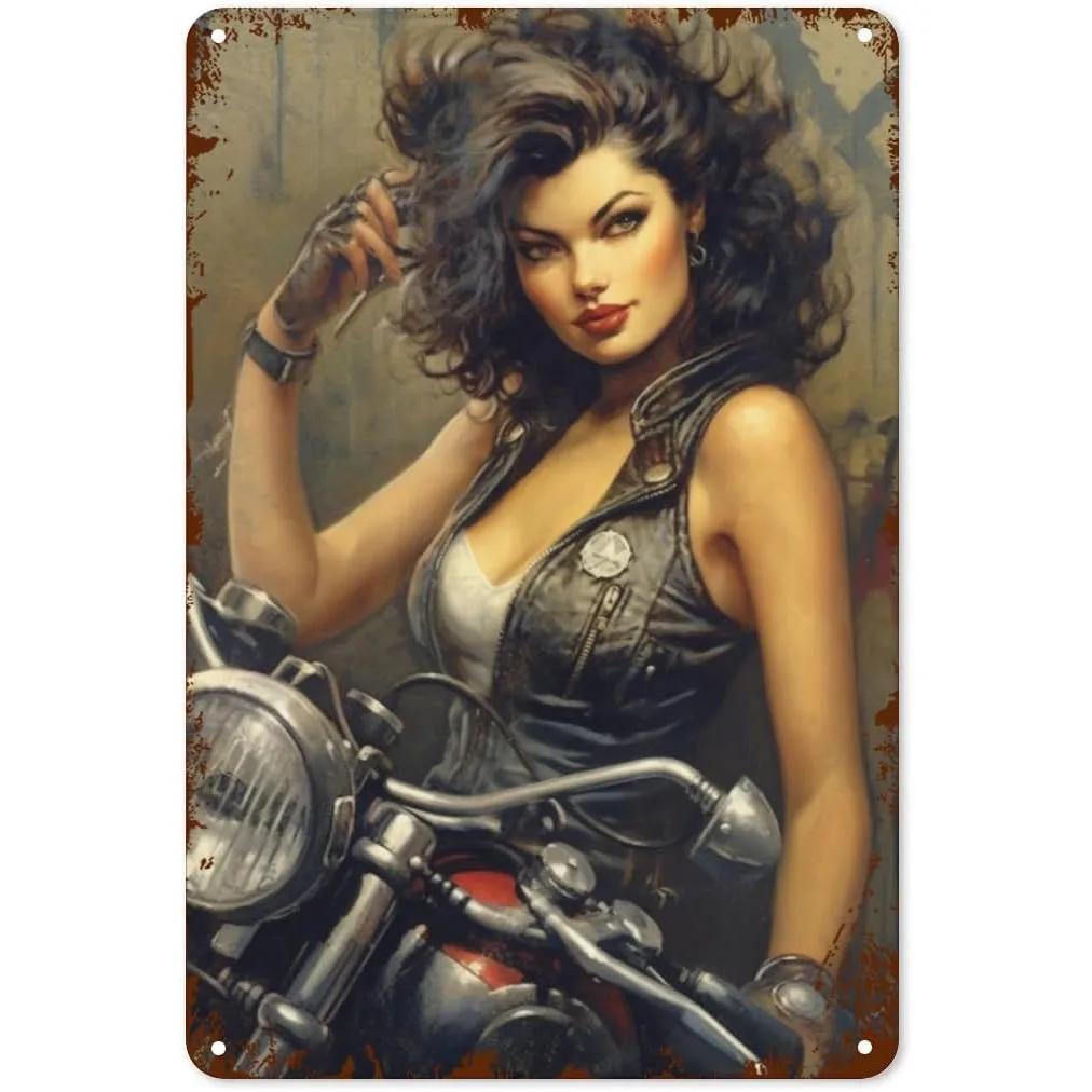 Metal Tin Signs Pinup Motorcycle Girl Wall Decoration Plaque Vintage Poster Iron Painting for Man Cave Home Cafe Garden Club Bar