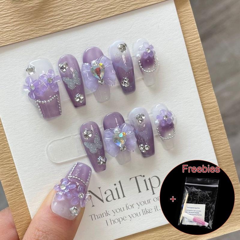 100% HANDMADE Coffin Shape Fake Nail Set With Glue Art Purple Starry Clear Iris Flower Applique Diamond Press On Nails Reusable and Removable