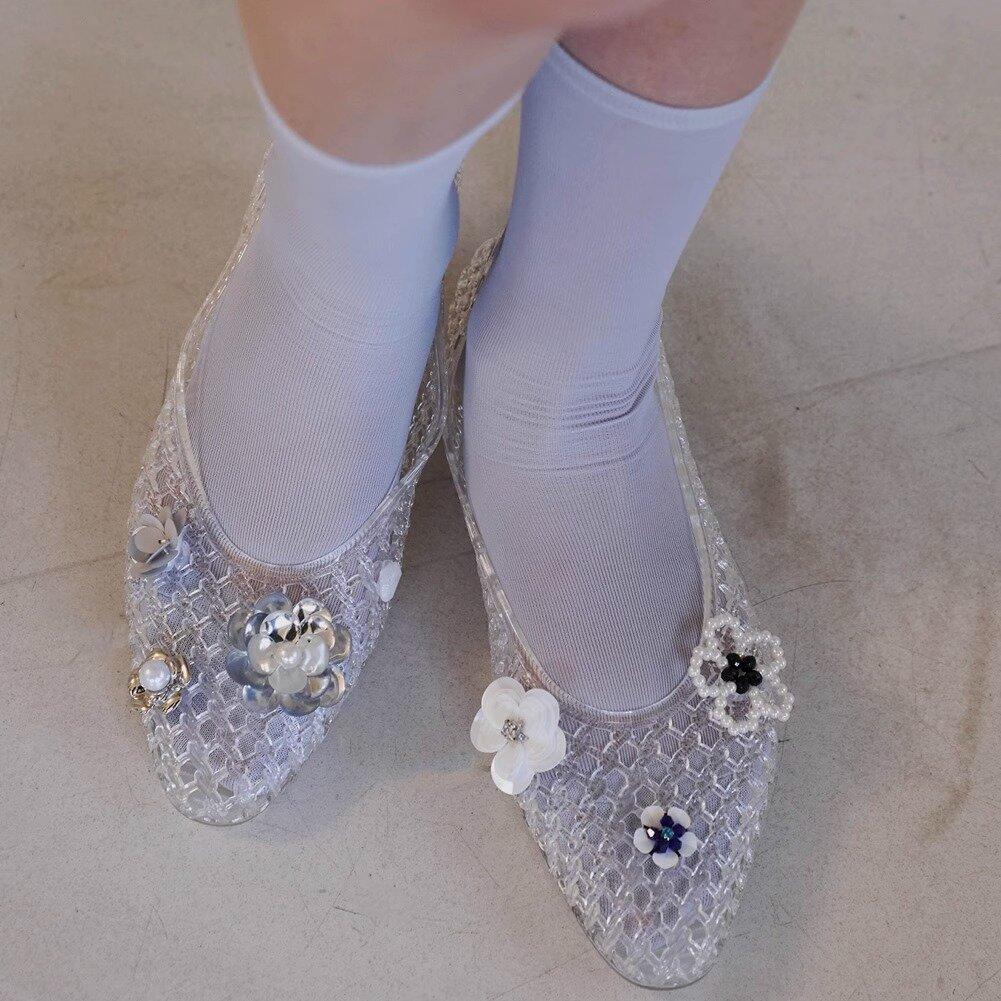 Niche Model~ Korean Version of the New Transparent Crystal Shoes Women's Pointed Pointed Hollow Flower Decoration DIY Hole Sandals Flat Shoes Women