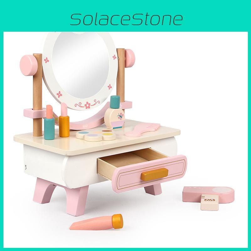 Children Wooden Role Play Makeup Table With Interactive Features For Girls Playroom Decor