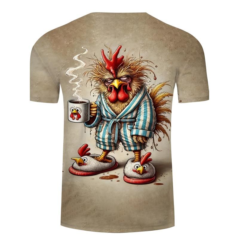 Men's Funny Morning Rooster 3D Printed T-Shirt Casual Short Sleeve Crewneck Top Cool Coffee Chicken Graphic Tee Quirky Harajuku Summer Streetwear
