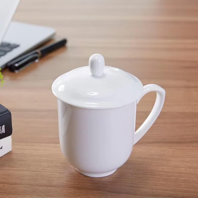 YUZUN Pure White Bone China Lidded Office & Meeting Cups - Set of 12