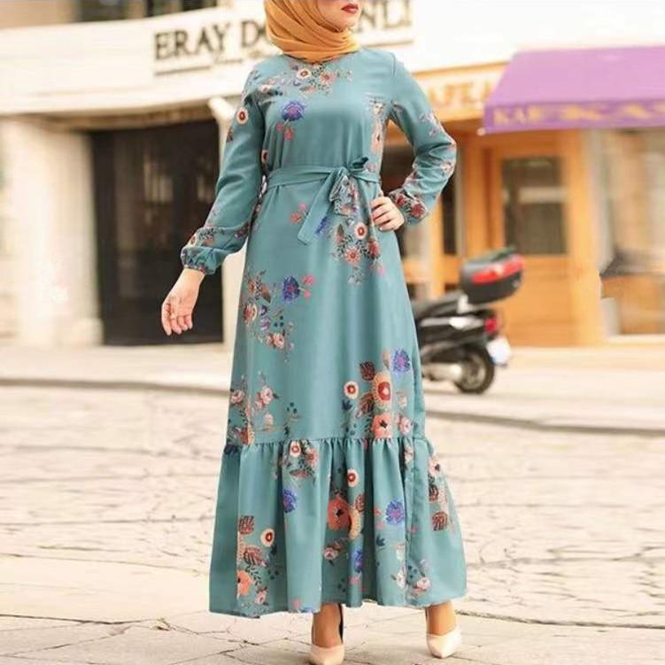 2022 Moroccan Print Long Sleeve Turkish Muslim Women's Party Dress