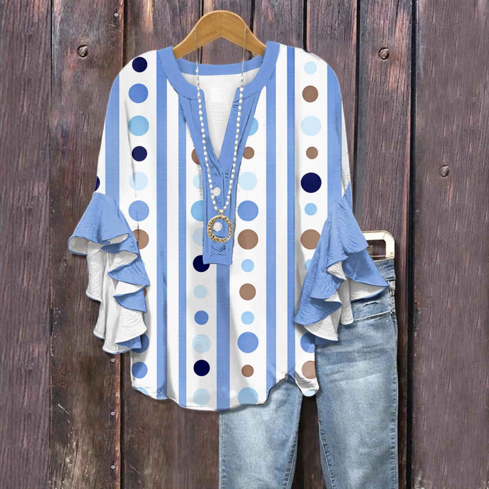 

Літні топи для жінок Милі блузки з V-подібним вирізом та рукавом 3/4 Принтований топ Повсякденні сорочки XL