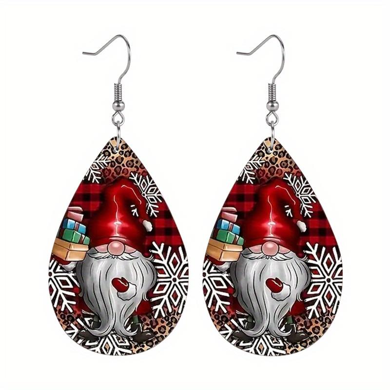 Red Car House Snowflake Print Waterdrop PU Earrings for Women Girls Bearded Dwarf  Cartoon Party Decorations Ornaments Christmas Gifts