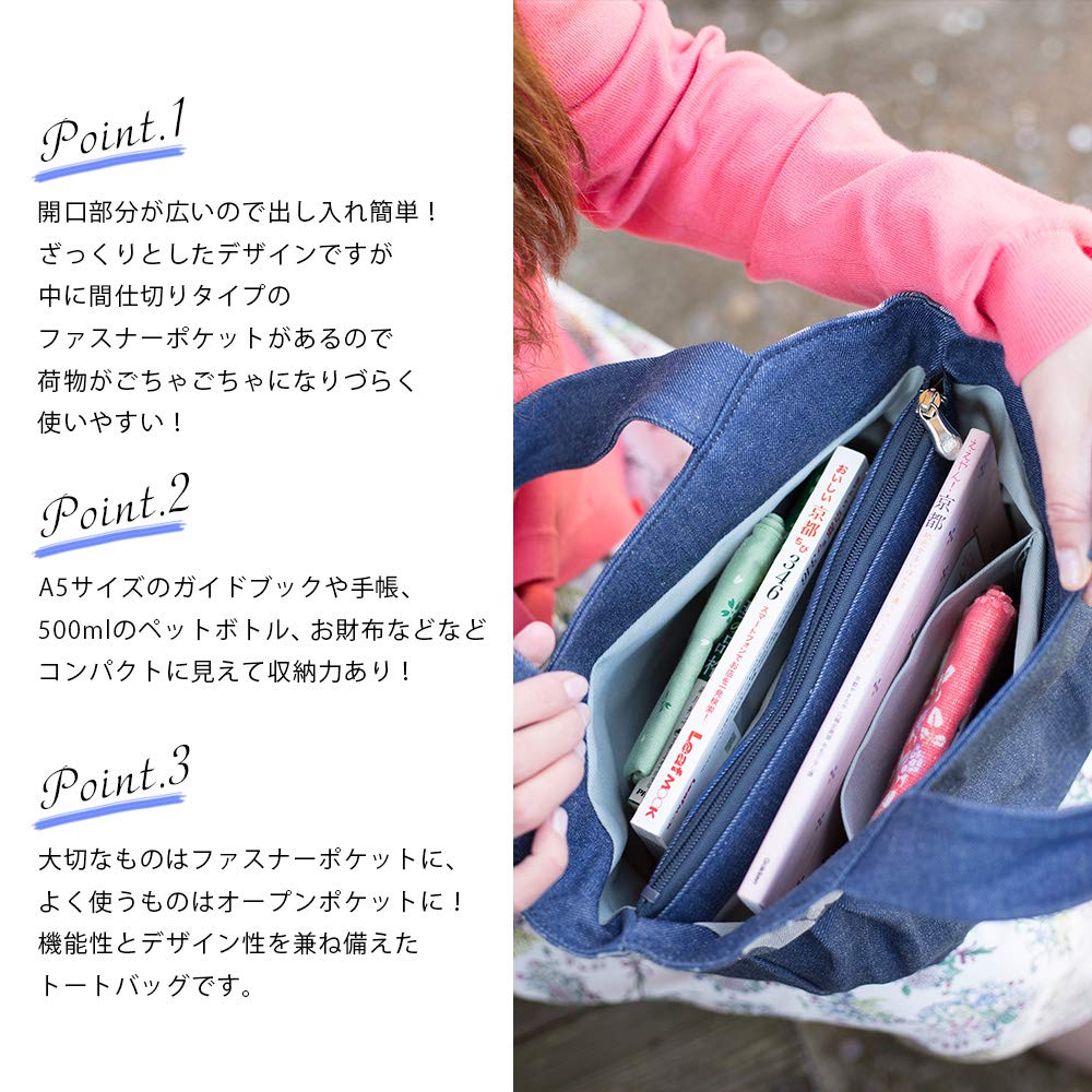 Creare Kiki Damen Kleine Reißverschluss-Tragetasche, Leicht, Hergestellt in Japan mit Okayama-Denim, Margaret-Muster, Friedensdesign und Faltbarem Griff,