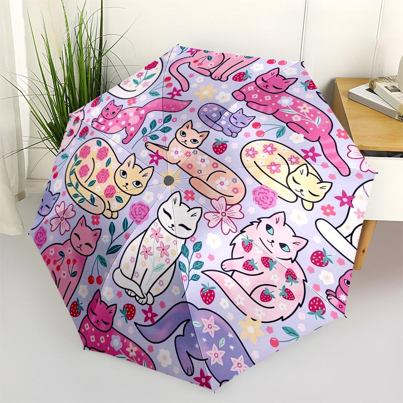 1pc Cats and Flowers Pattern Umbrella with Plastic Handle,Suitable for All Seasons UmbrellaPT527