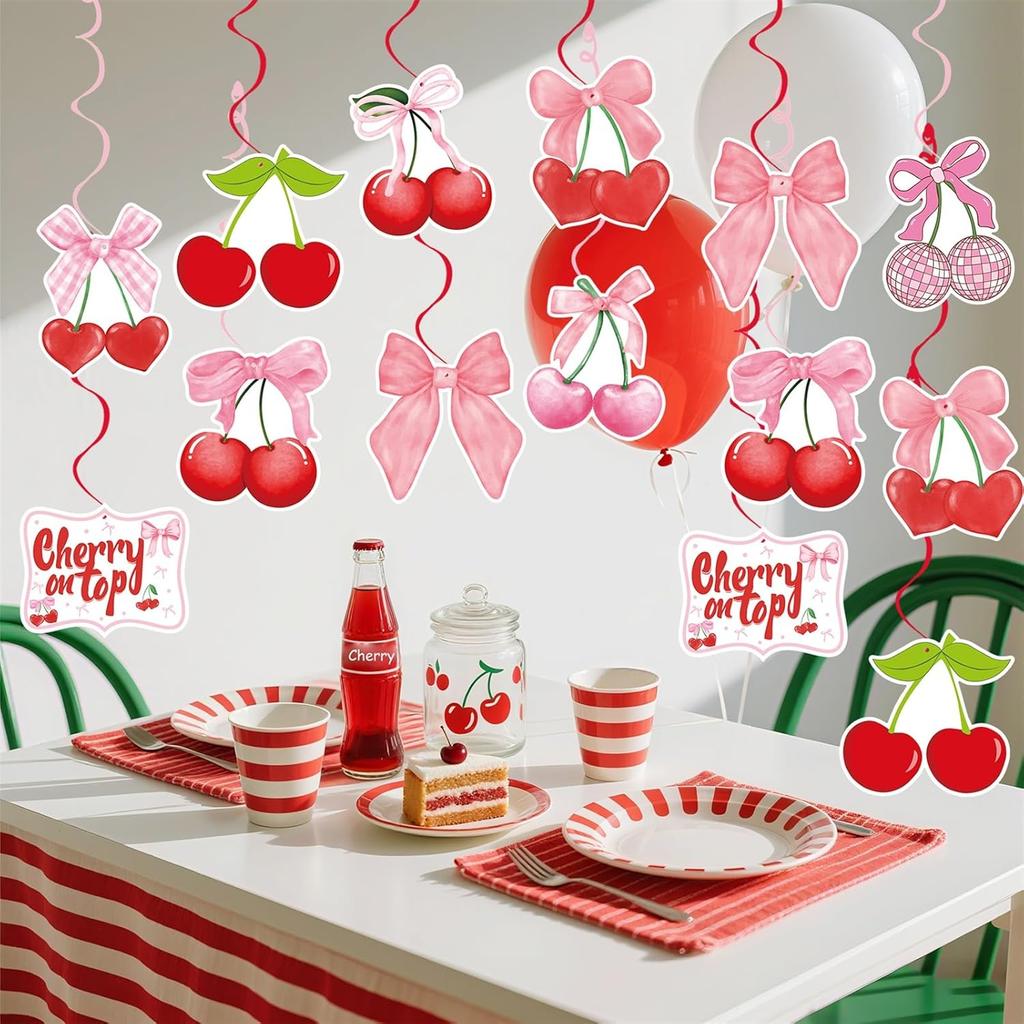 Cherry Birthday Party Decorations Red Pink Cherry Bow Hanging Swirl Garland for Girls Baby Shower She's the Cherry On Top Theme Party Decor