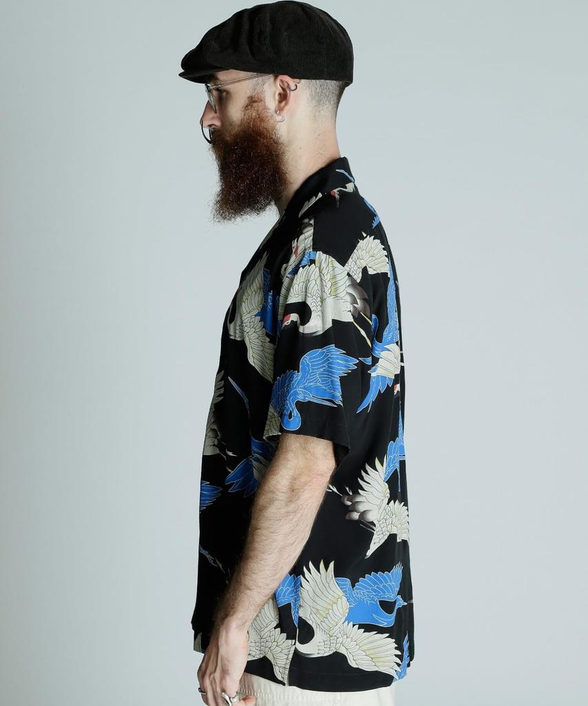 Schott X PJ X Pineapple Juice RAYON SHIRT CRANE Men's Rayon Shirt, Size 2XL, 010, Black, 782-5123018