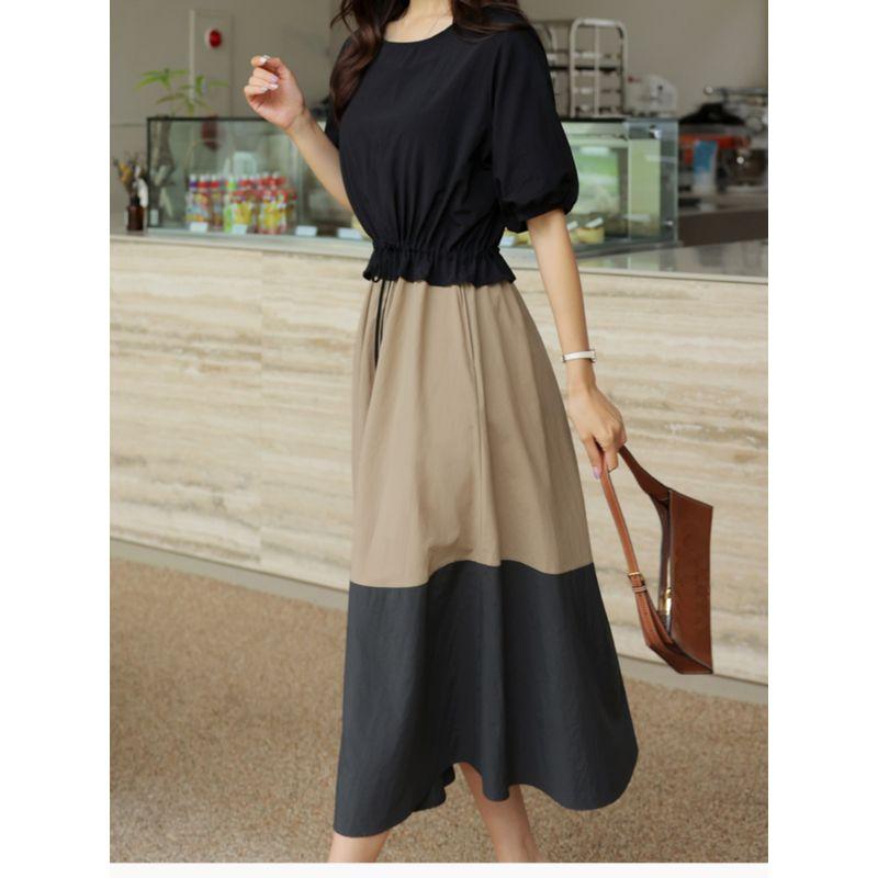 

Fashion round Neck Shirt with Half Sleeve Adjustable Waist Chubby Girl s Dress Black 4XL