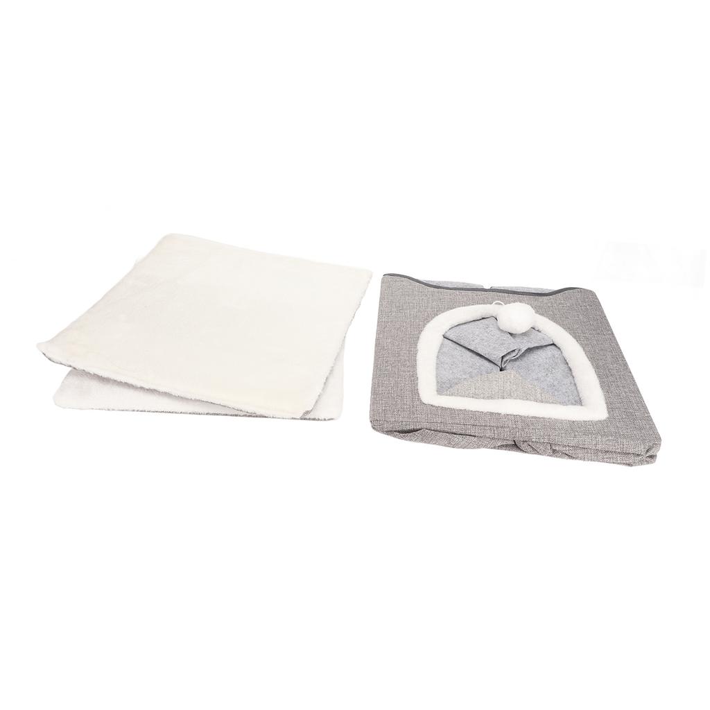 Cat House Foldable Enclosed Warm Breathable Cat Cave Bed with Scratcher Plush Ball for Indoor Gray