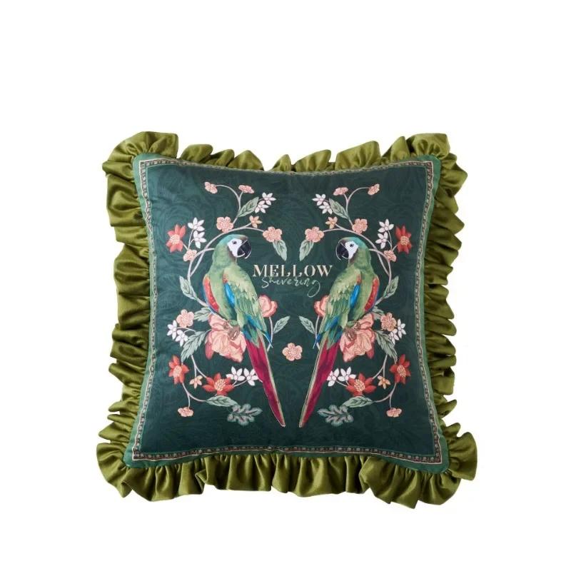 Parrot Print Cushion Case, Flora Bird Pillows, Luxury Velvet, Decorative Pillow Cover for Sofa Chair, Modern Living Room, Home D