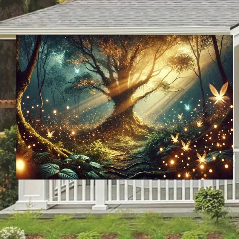 2D Magical Enchanted Forest with Glowing Tree and Fireflies Backdrop 47.2x31.5inch/120*80cm