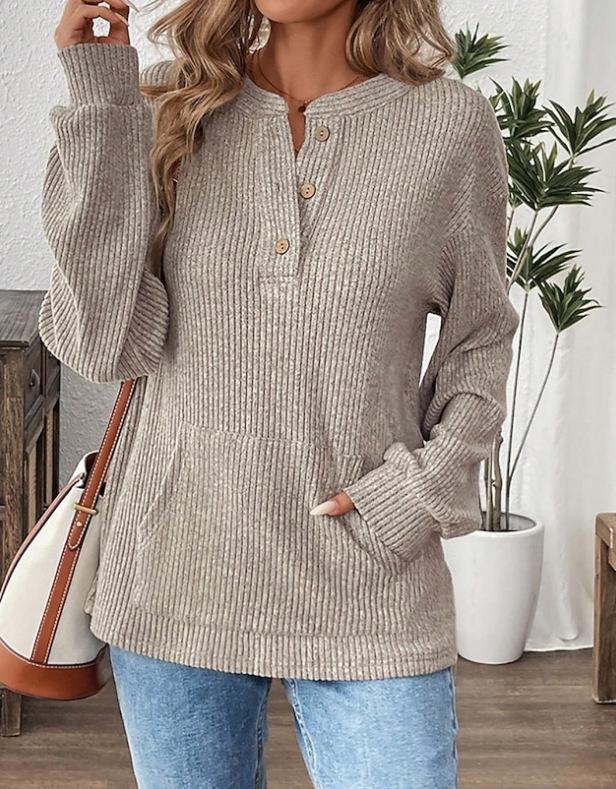 2025 Autumn/Winter European & American Women's Solid Color Button Loose Long Sleeve T-shirt