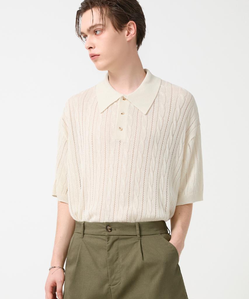 TRILLION Washable Resort Cable Collar Short Sleeve Knit_Ivory
