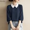 ZANZEA Women Casual Turn Down Collar 3/4 Sleeve Loose Blouse