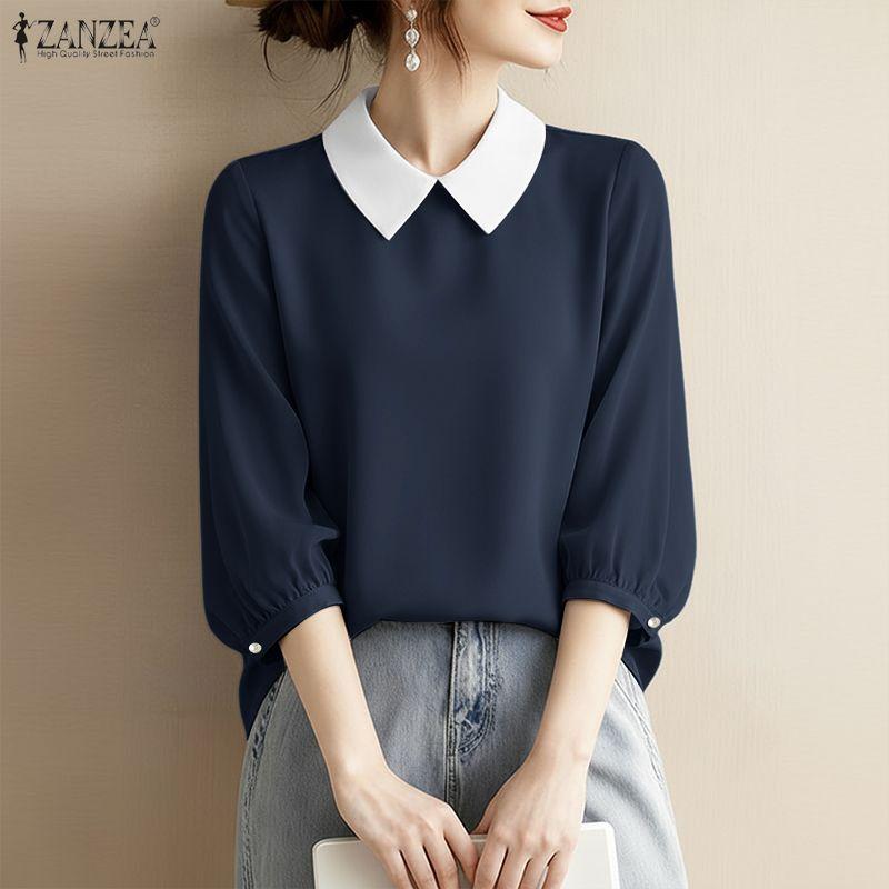 ZANZEA Women Casual Turn Down Collar 3/4 Sleeve Loose Blouse