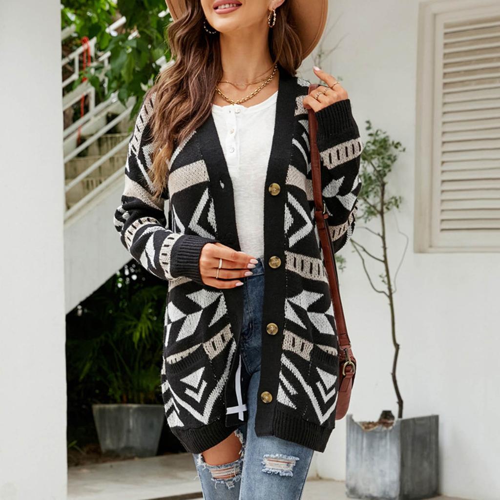 Women's Fashion  And Winter Temperament Lozenge Loose Sweater In Long Knit Cardigan Coat