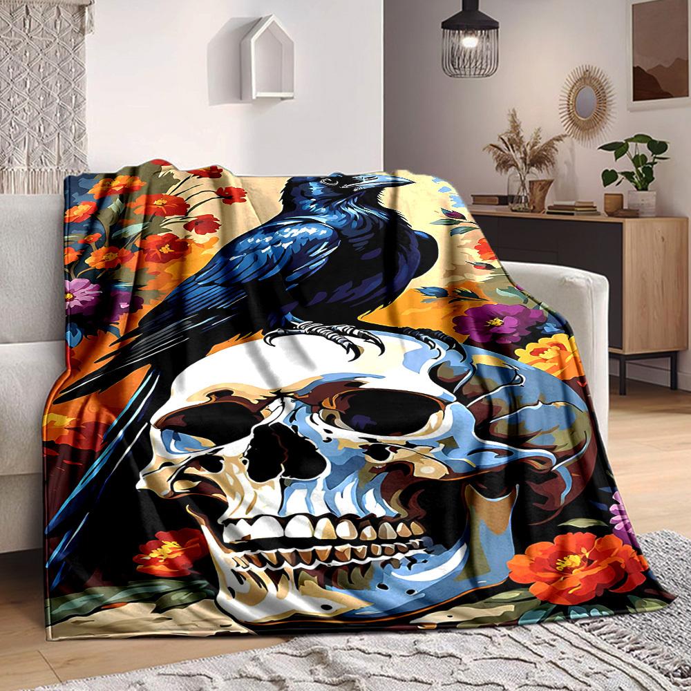 1pc Skull Raven Lightweight Flannel Blanket, Comfortable and Warm Blanket, for Office and Camping Sofa Bed, Livingroom132