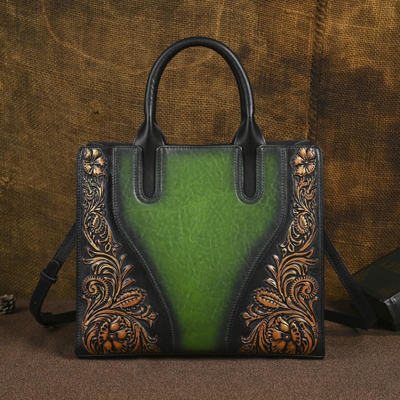 Johnature Genuine Leather Women's Handbag Retro Embossed Large Capacity Shoulder Crossbody Bags