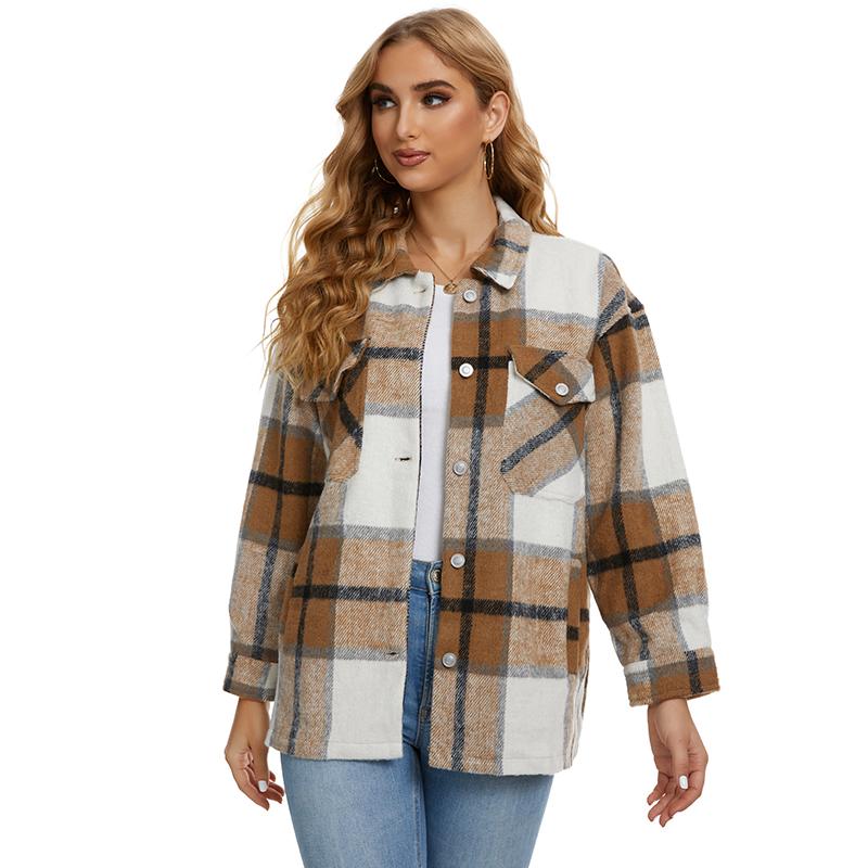 Ropa de abrigo holgada, chaqueta a cuadros, bolsillos elegantes Vintage, abrigo de manga larga de gran tamaño, cuello de solapa para mujer
