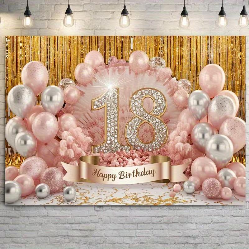 2D Pink Gold 18th Birthday Backdrop, Tinsel Curtain Party Background