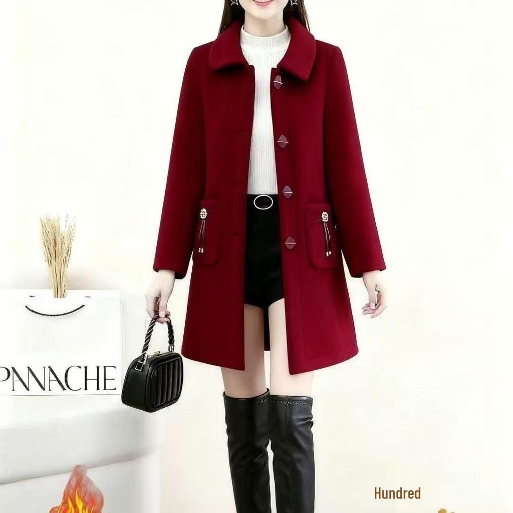 2025 Women's Thickened Wool Mid-Length Coat - Small, Padded, Autumn/Winter
