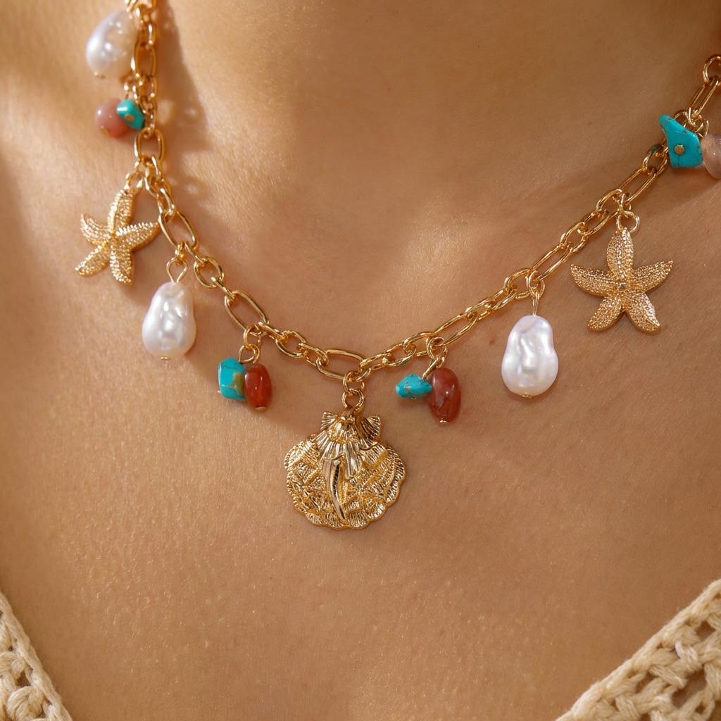 Collar Colgante Océano Multielemento para Mujer Bohemia Concha Estrella de Mar Perla de Imitación Collar de Joyería de Verano de Moda Regalos