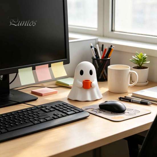 Small Gnome Statue Ghost Drinking Coffee Figurine, Cute White Holding Orange Mug Statue, Spooky Figurine Halloween Bar Decoration for Kitchen Counter,