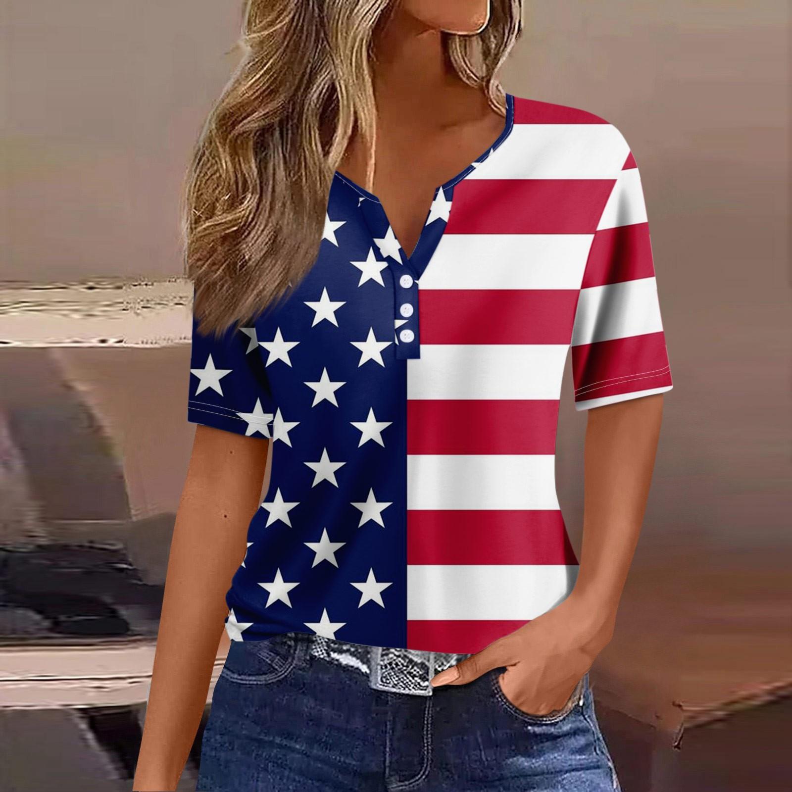 

Жен. Футболка Футболка День независимости С принтом Пуговицы С короткими рукавами Повседневные Выходные Мода Классический Классический V-образный вырез Обычный Топ L винный