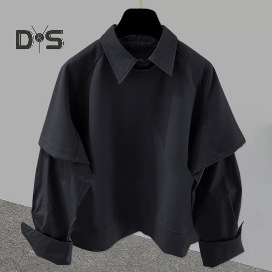 Pánská košile klopa dlouhý rukáv jednobarevná prošívaná falešný dvoudílný design pulovrové topy volný střih ležérní košile pracovní oděv