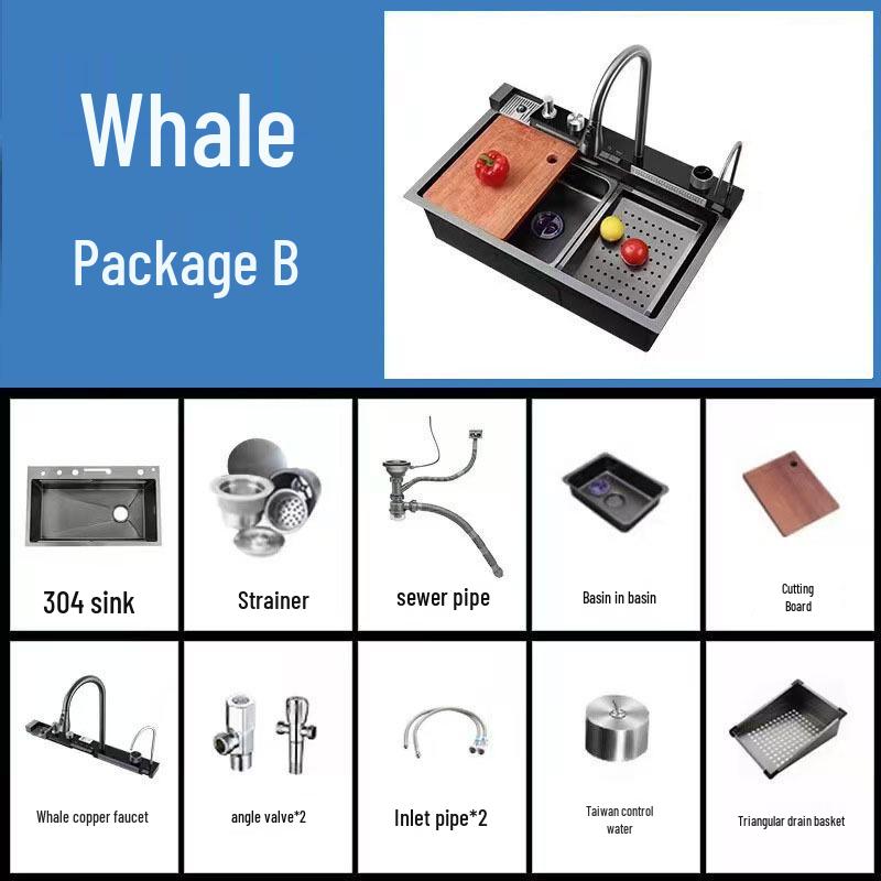 

Большая кухонная мойка ручной работы из нержавеющей стали 304, черная, сотовая, с дизайном водопада