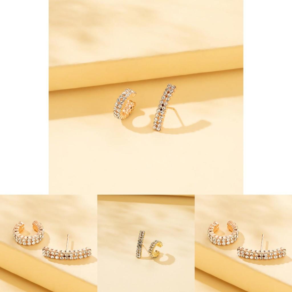 Trendy Asymmetric Double Row Rhinestone Earrings Set For Women Summer 2022