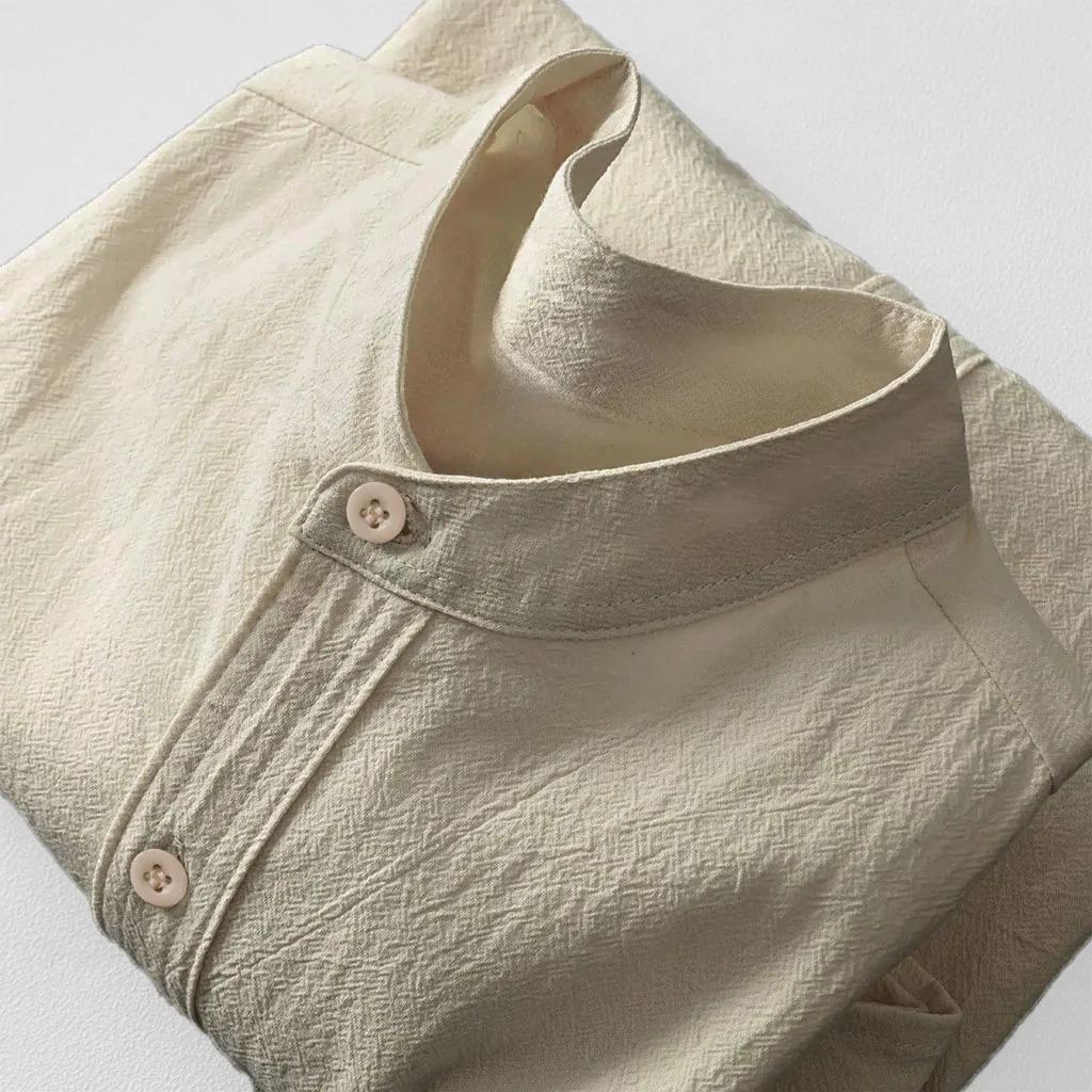 Classic Timeless Textured Cotton Linen Long Sleeve Shirt for Men Breathable Mandarin Collar Button Placket Casual Daily Vacation Tops In Solid Colors