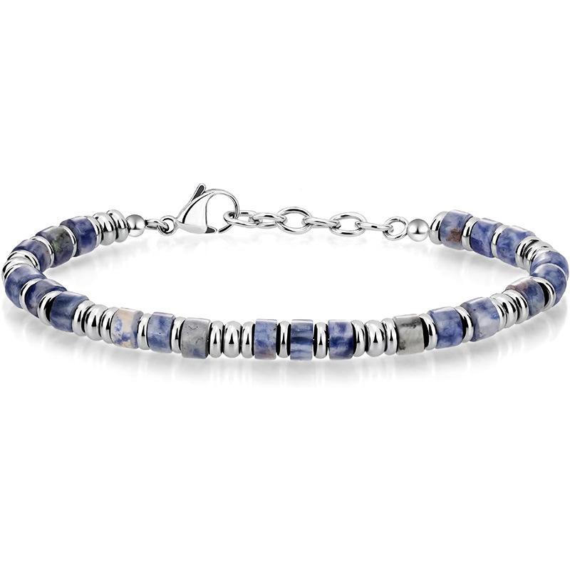 Bohemian chain bracelet, natural stone flat bead stainless steel chain, holiday gift, obsidian chain bracelet.