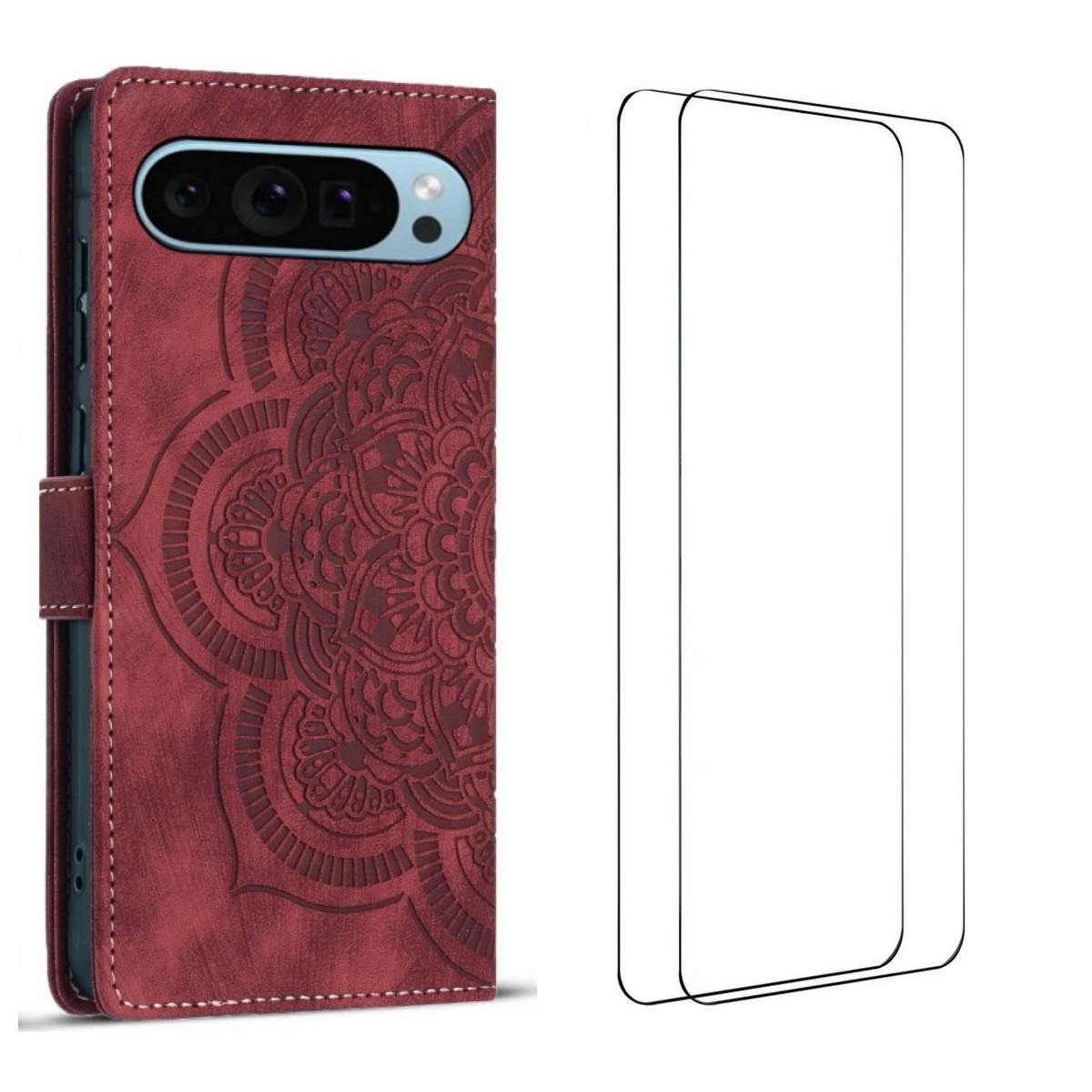 

For Google Pixel 10 Pro XL Case with 2Pcs Tempered Glass WANLONFENG MTL Series Mandala Leather Phone Cover Red